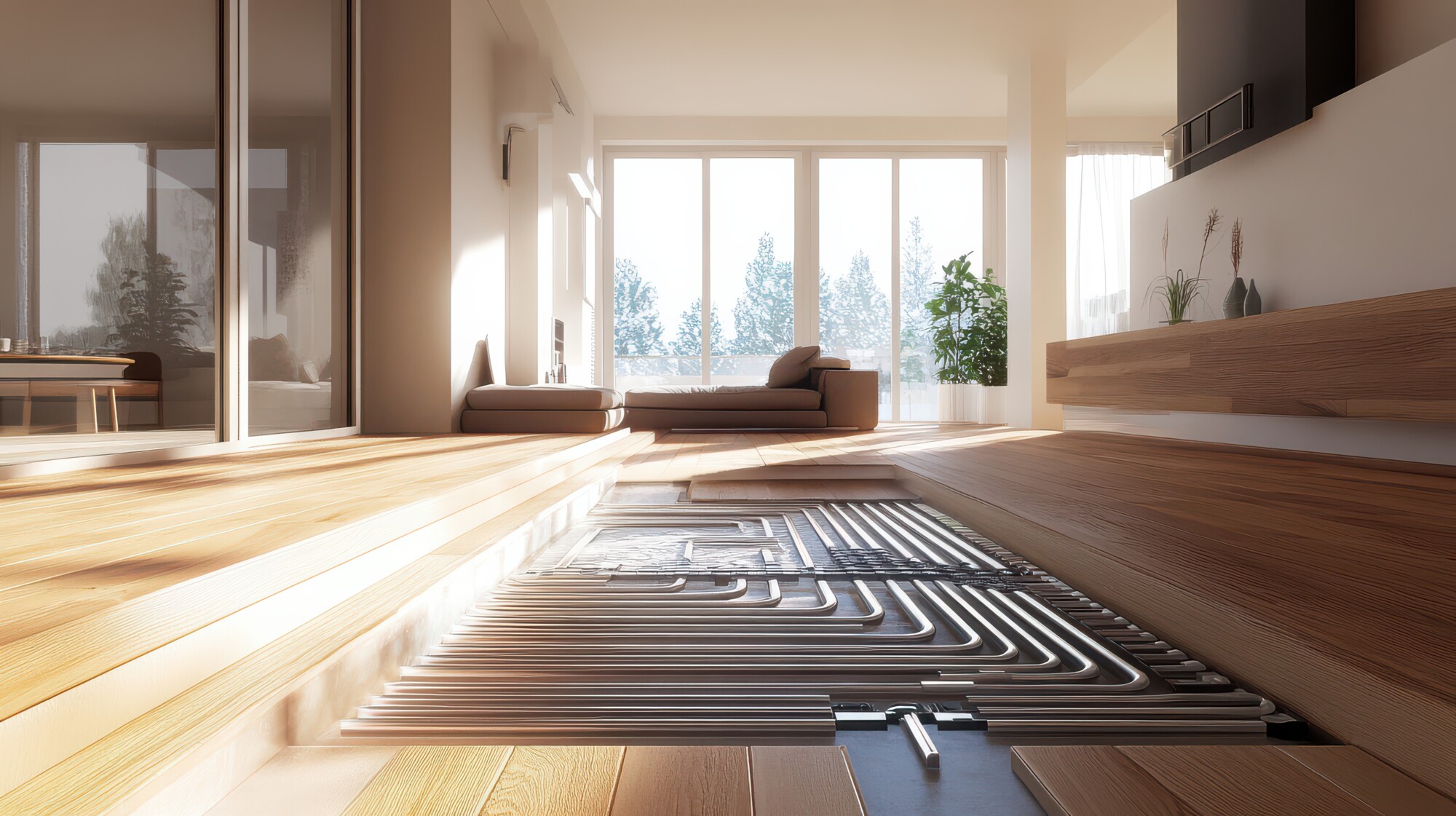 Informative Illustration Depicting a Modern Underfloor Heating System for Home Renovation and Design Projects pulizia riscaldamento a pavimento